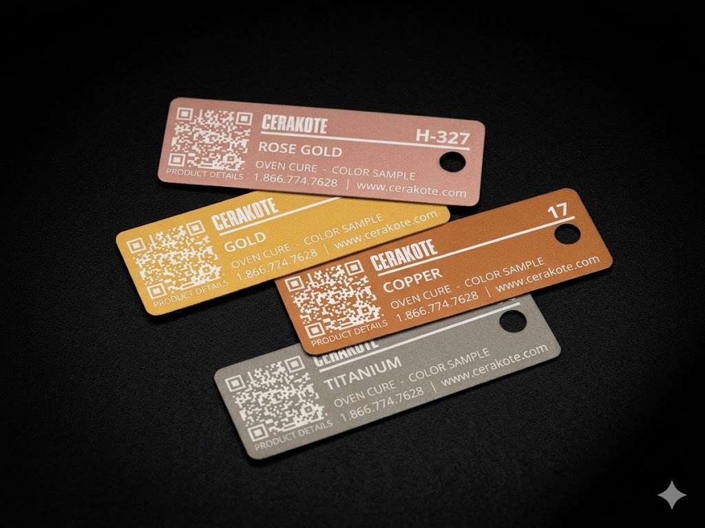 Rose Gold, Copper, Titanium, and Gold Cerakote Swatch